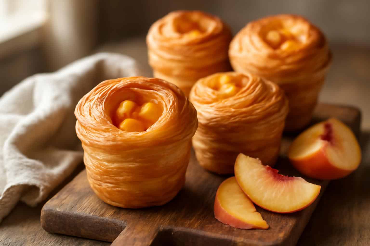 Freshly baked peach pie cruffins with flaky layers and sweet peach filling on rustic wooden board