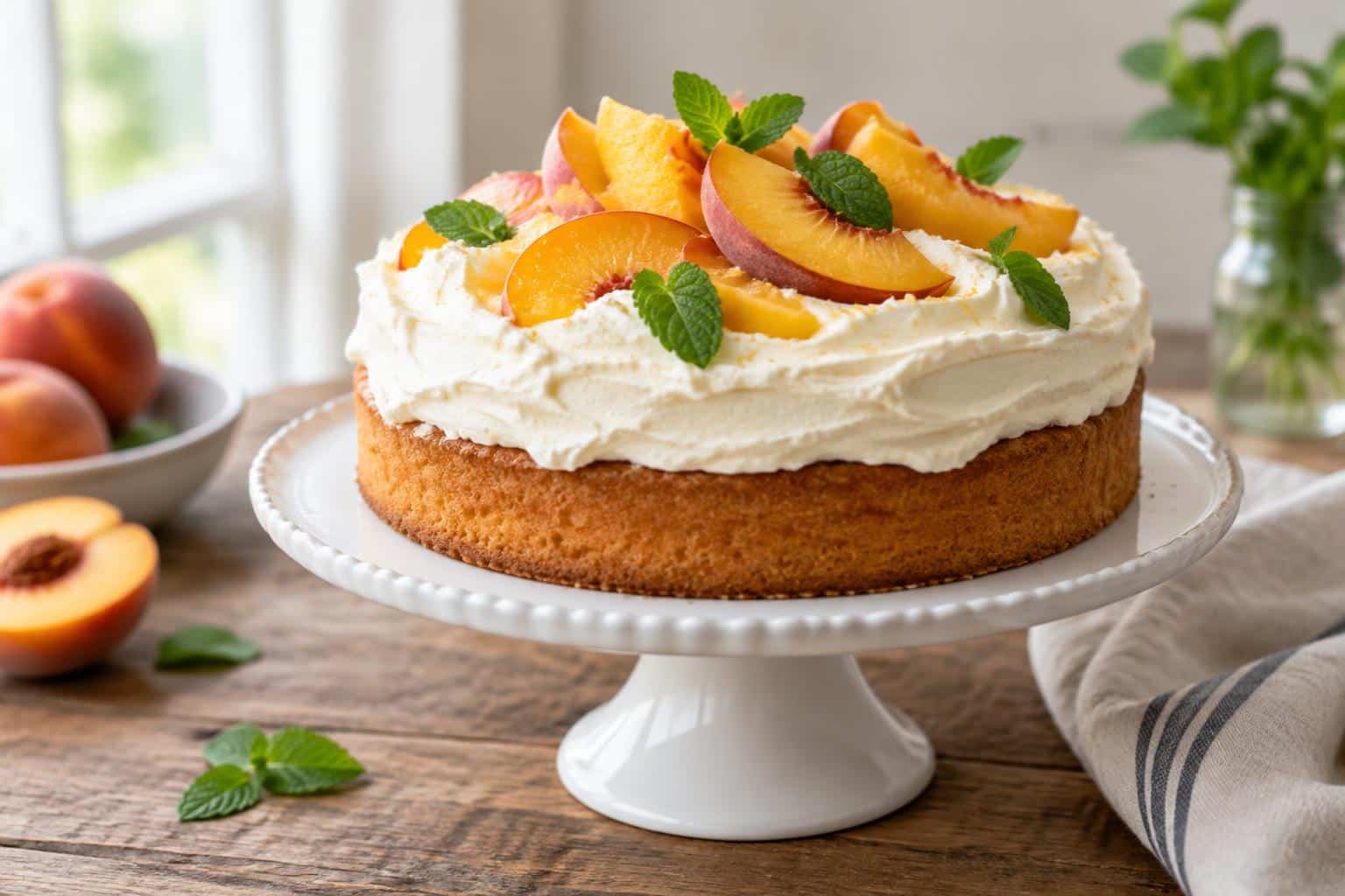 A moist peaches and cream cake garnished with fresh peach slices and cream frosting on a cake stand