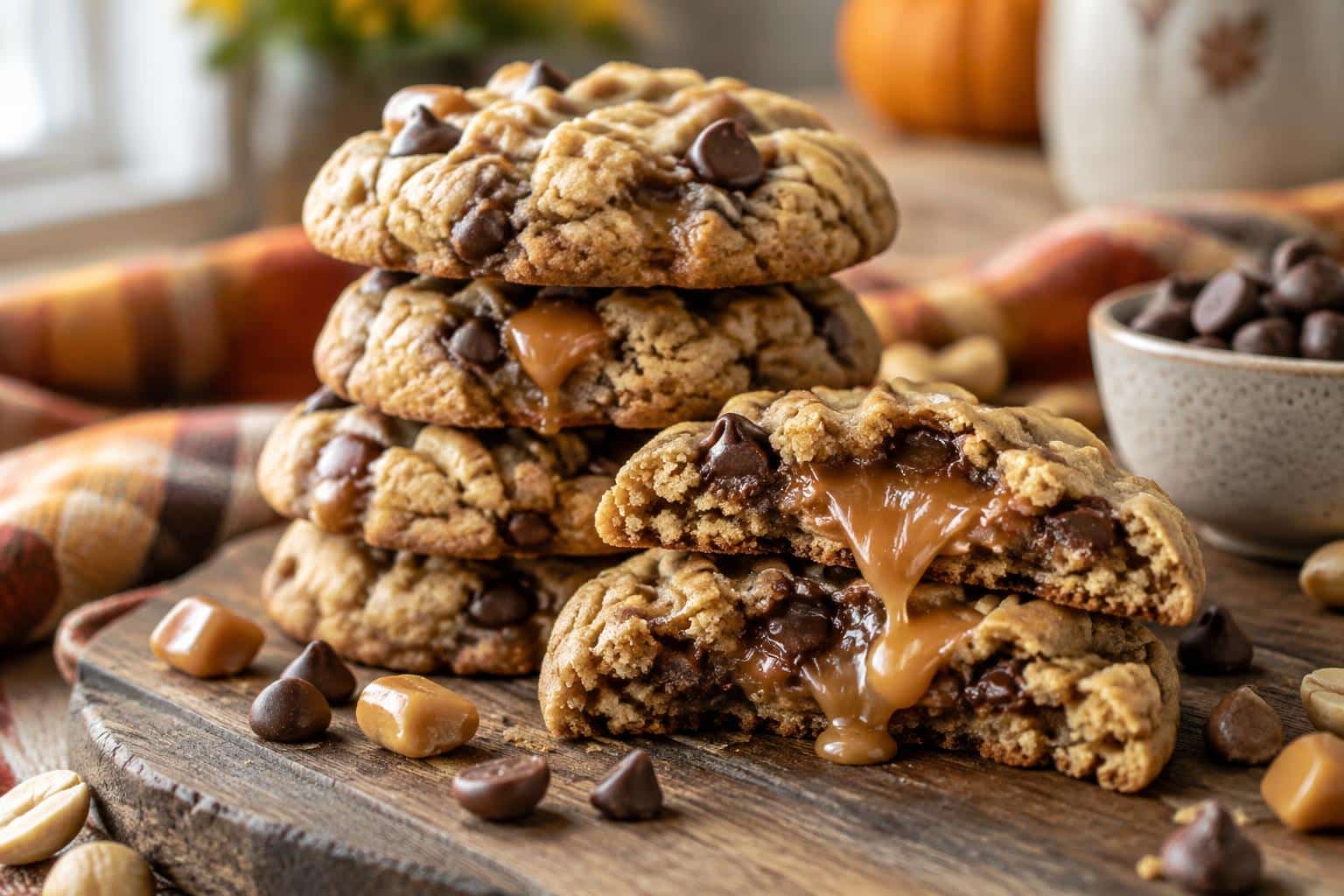 peanut butter chocolate caramel cookies stacked with gooey caramel centers in soft natural light