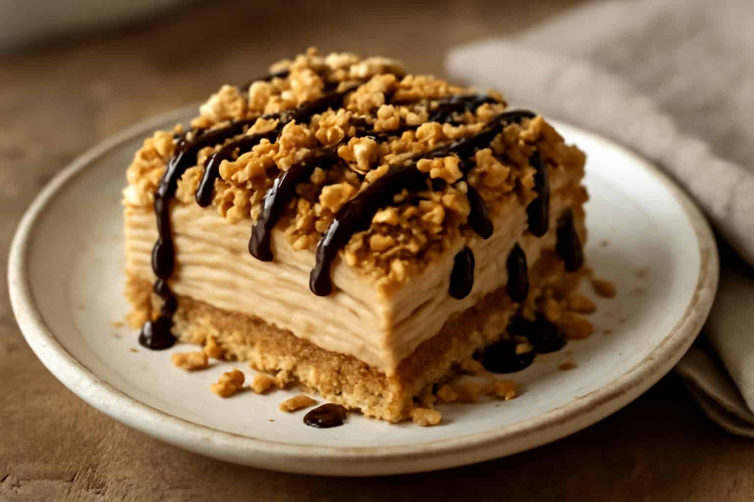 Slice of peanut butter crunch lasagna with creamy layers and crunchy topping in natural light