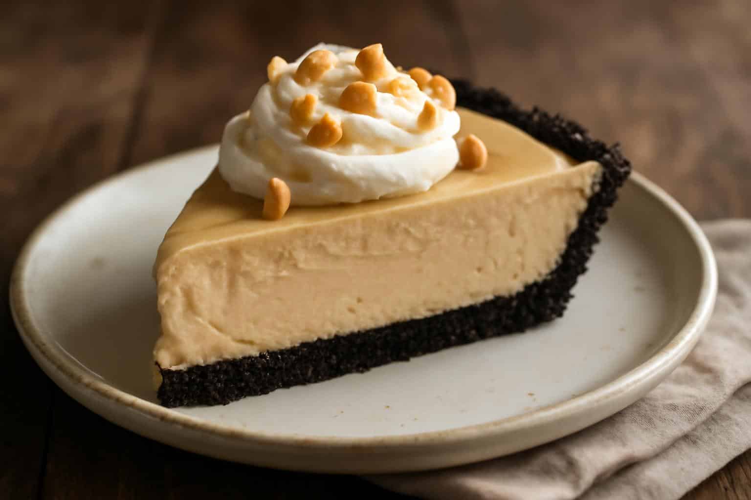 Slice of peanut butter pie with Oreo crust and silky smooth filling topped with whipped cream