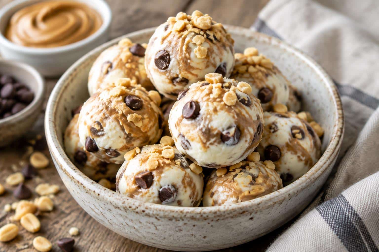 Peanut butter power bites frozen Greek yogurt treats garnished with crushed peanuts