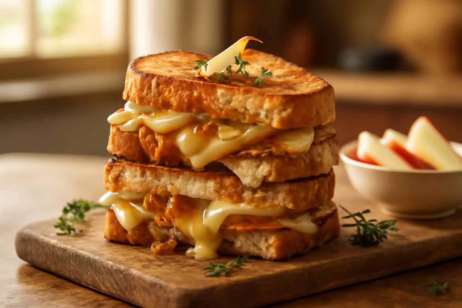 Pear apple grilled cheese sandwich with caramelized onions and melted cheese on toasted bread