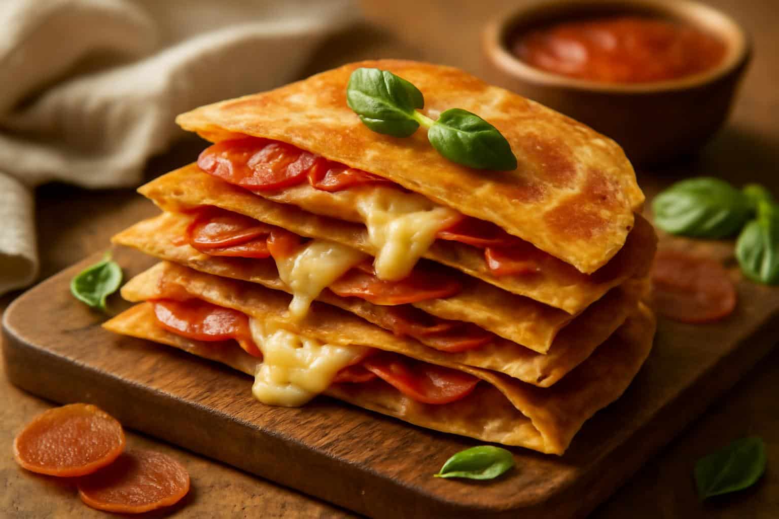 Golden crispy pepperoni pizzadillas with melted cheese and basil garnish on wooden board