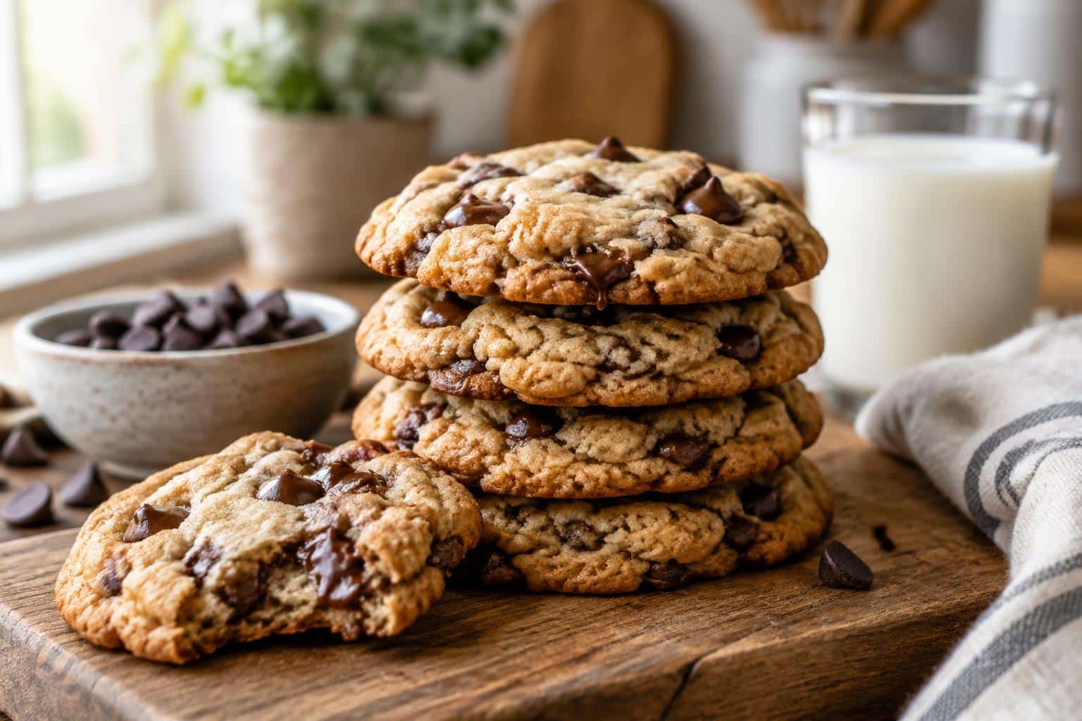 Perfect bakery style chocolate chip cookies with golden edges and melted chocolate chips