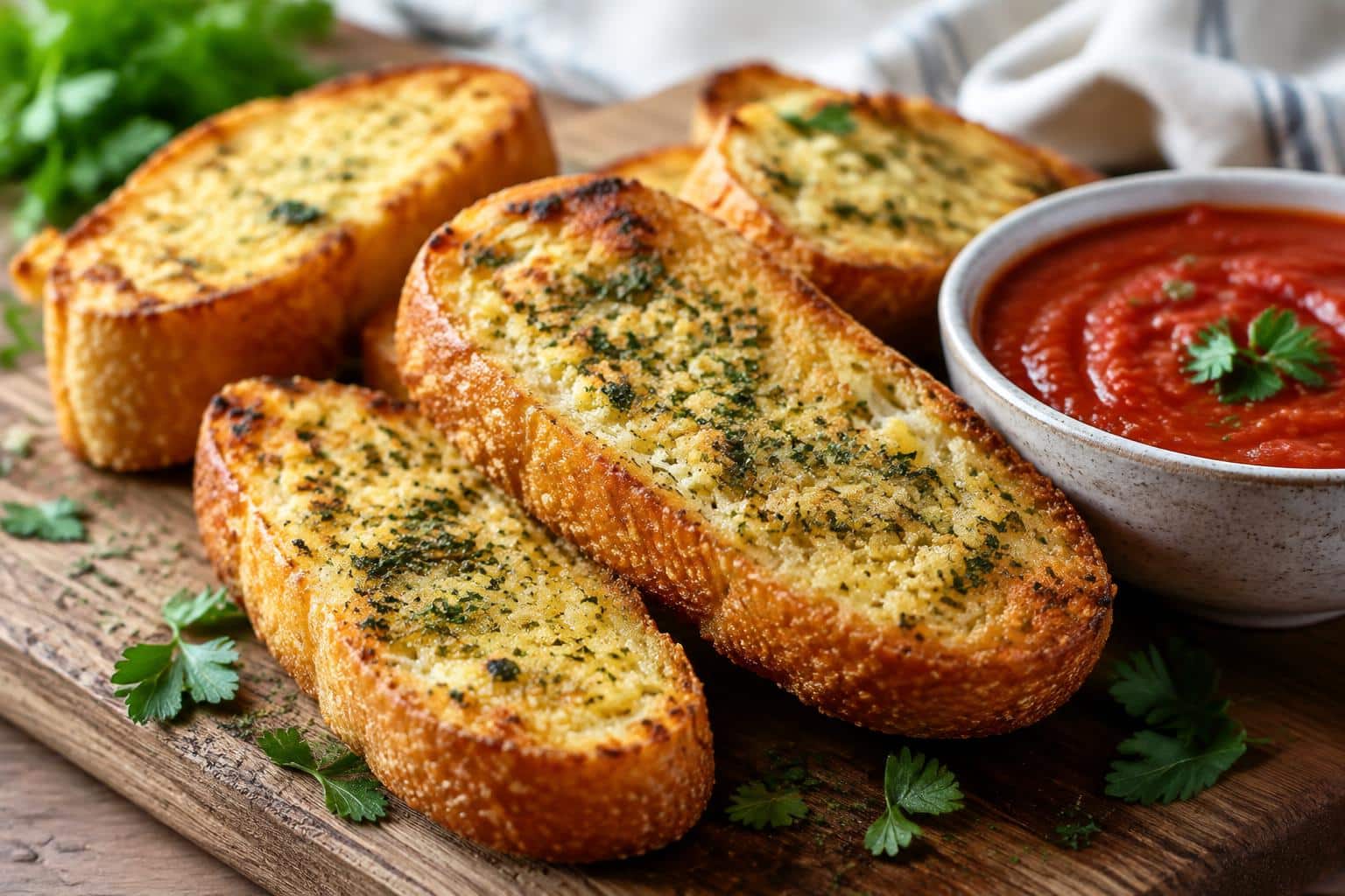Golden crispy air fryer garlic bread slices garnished with parsley, a perfect side dish