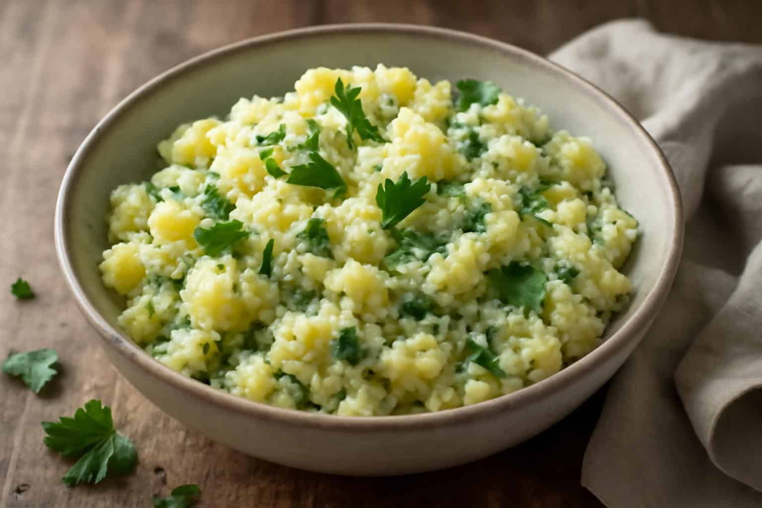 Perfect crushed potato salad in a bowl with fresh herbs and creamy dressing