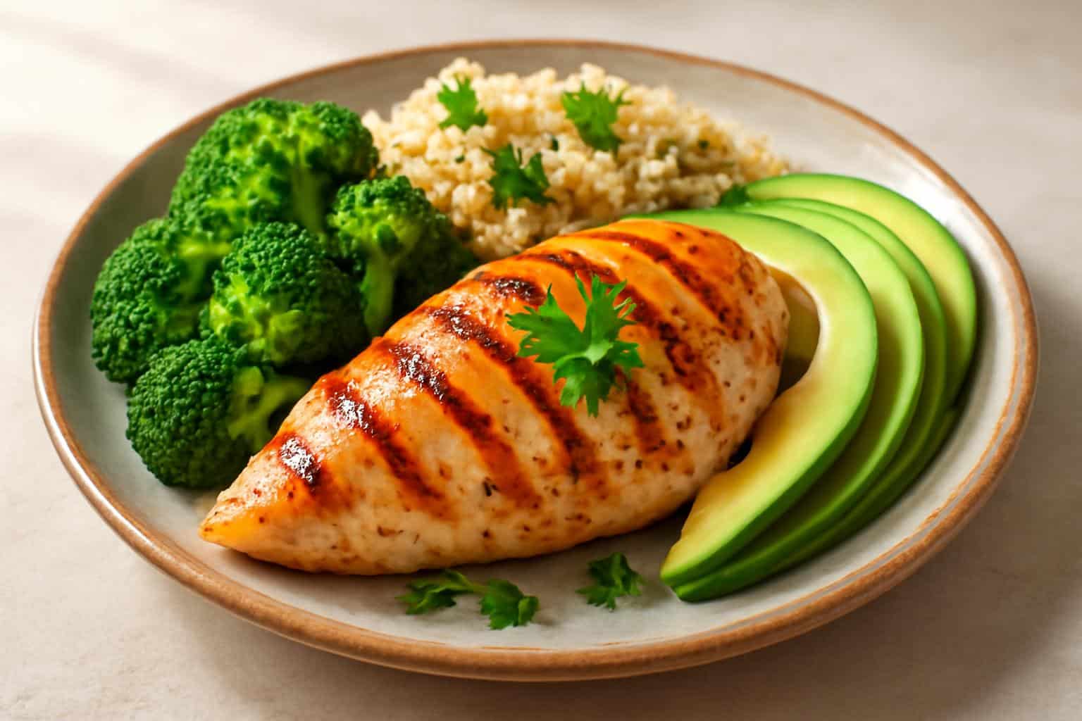 Balanced meal showing food macros with grilled chicken, quinoa, broccoli, and avocado