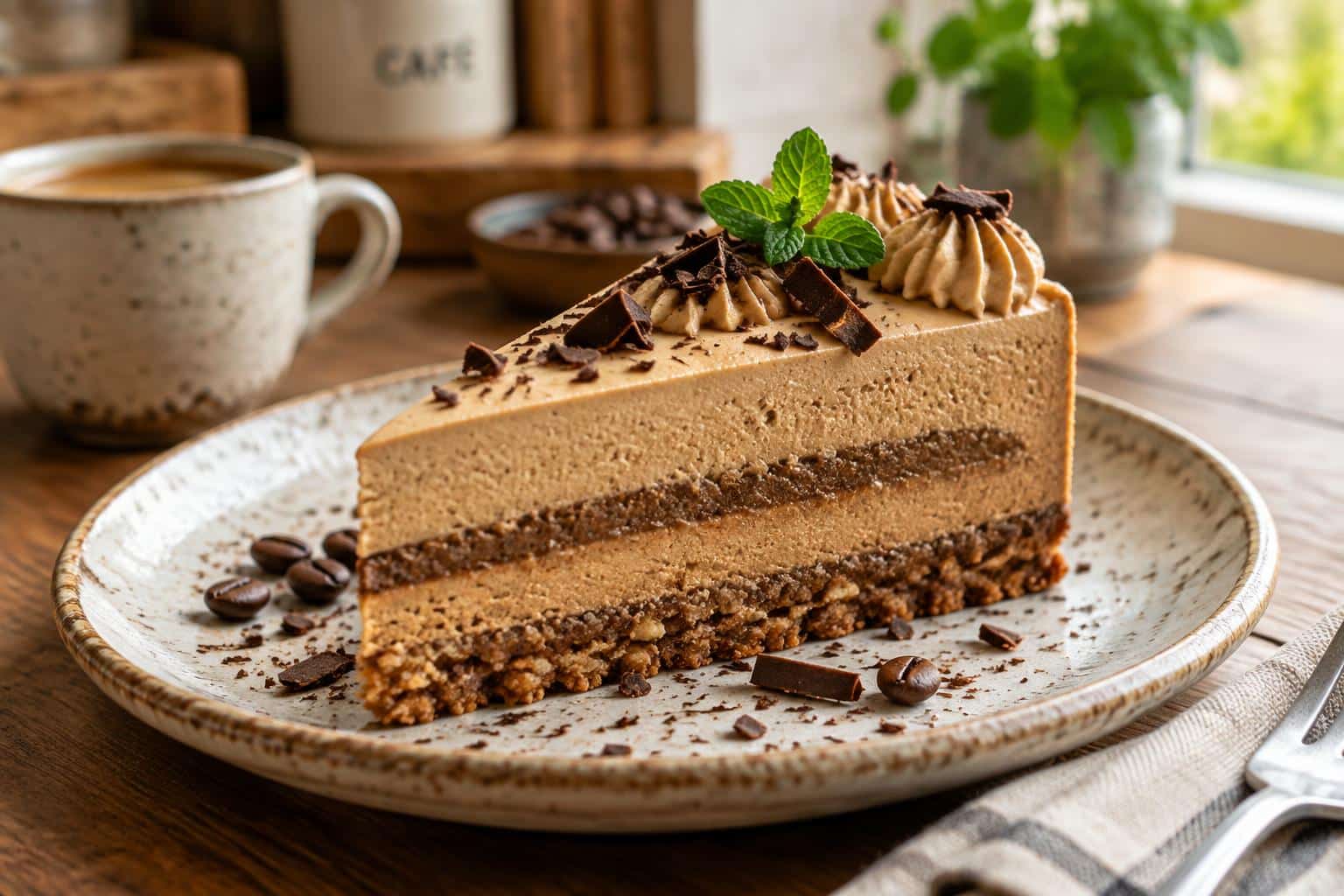 A slice of la tarte moka no-bake coffee tart with chocolate garnish and mint