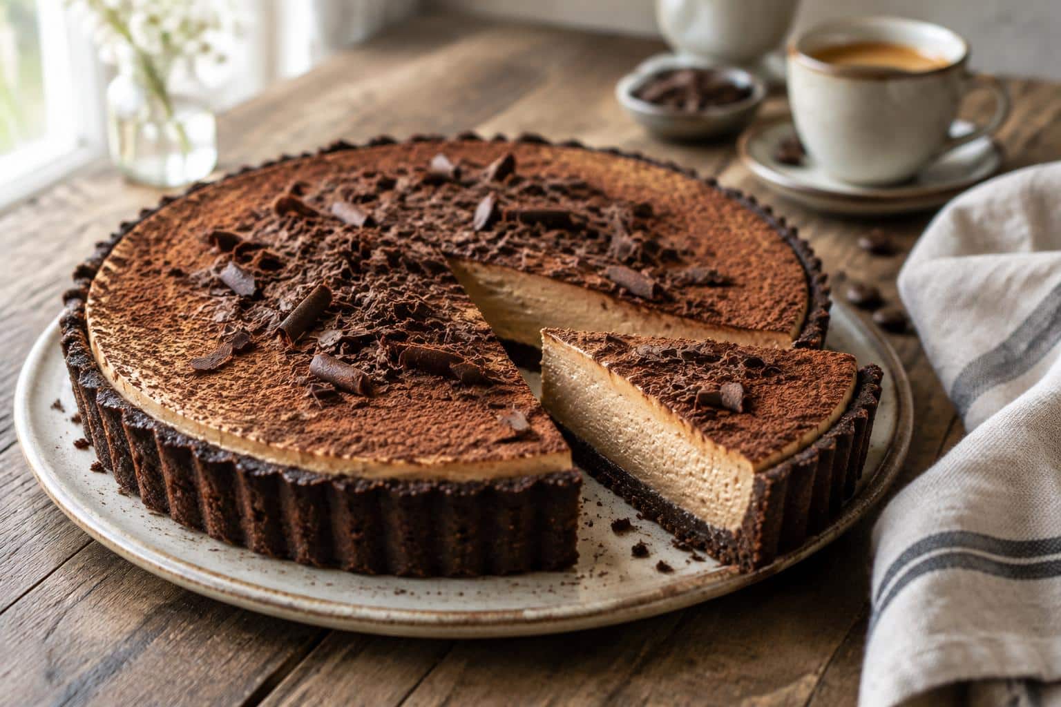 No-bake tarte moka dessert with creamy coffee mousse and chocolate shavings in natural light