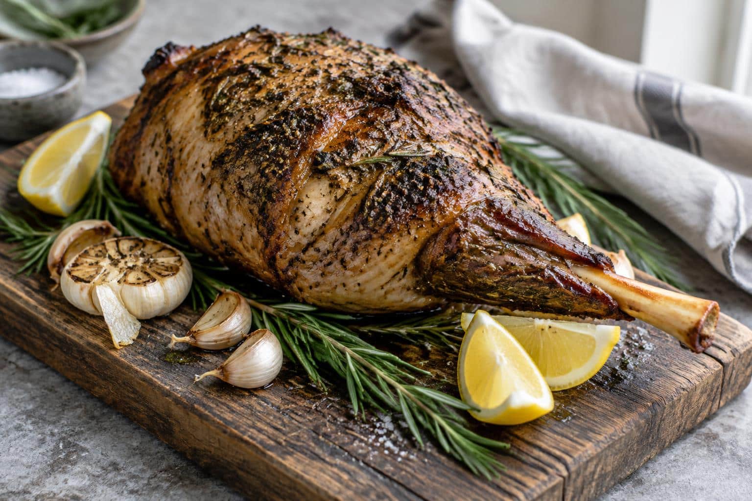 Perfect roasted leg of lamb garnished with garlic and herbs, ready to serve