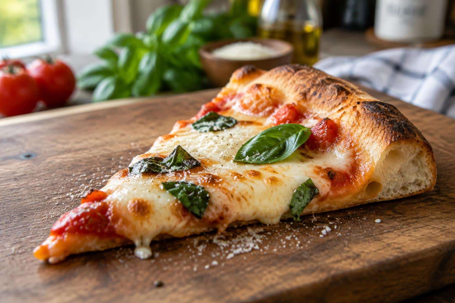 Crispy baked pizza slice topped with mozzarella, tomato sauce, and fresh basil