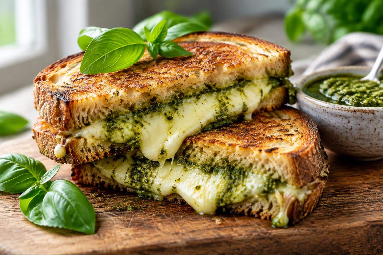 pesto grilled cheese sandwich with melted cheese and fresh herbs on toasted bread