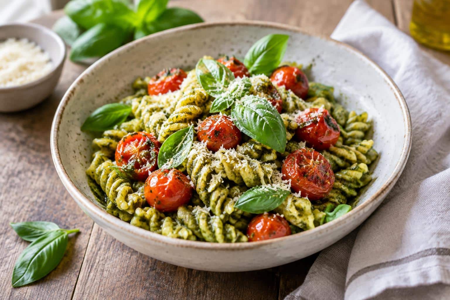 Pesto pasta with roasted tomatoes garnished with fresh basil and Parmesan cheese