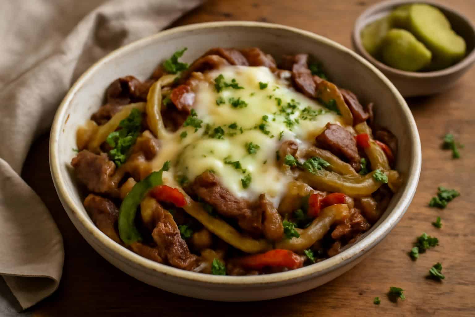 Philly cheesesteak bowls with melted cheese and sautéed peppers in a rustic bowl