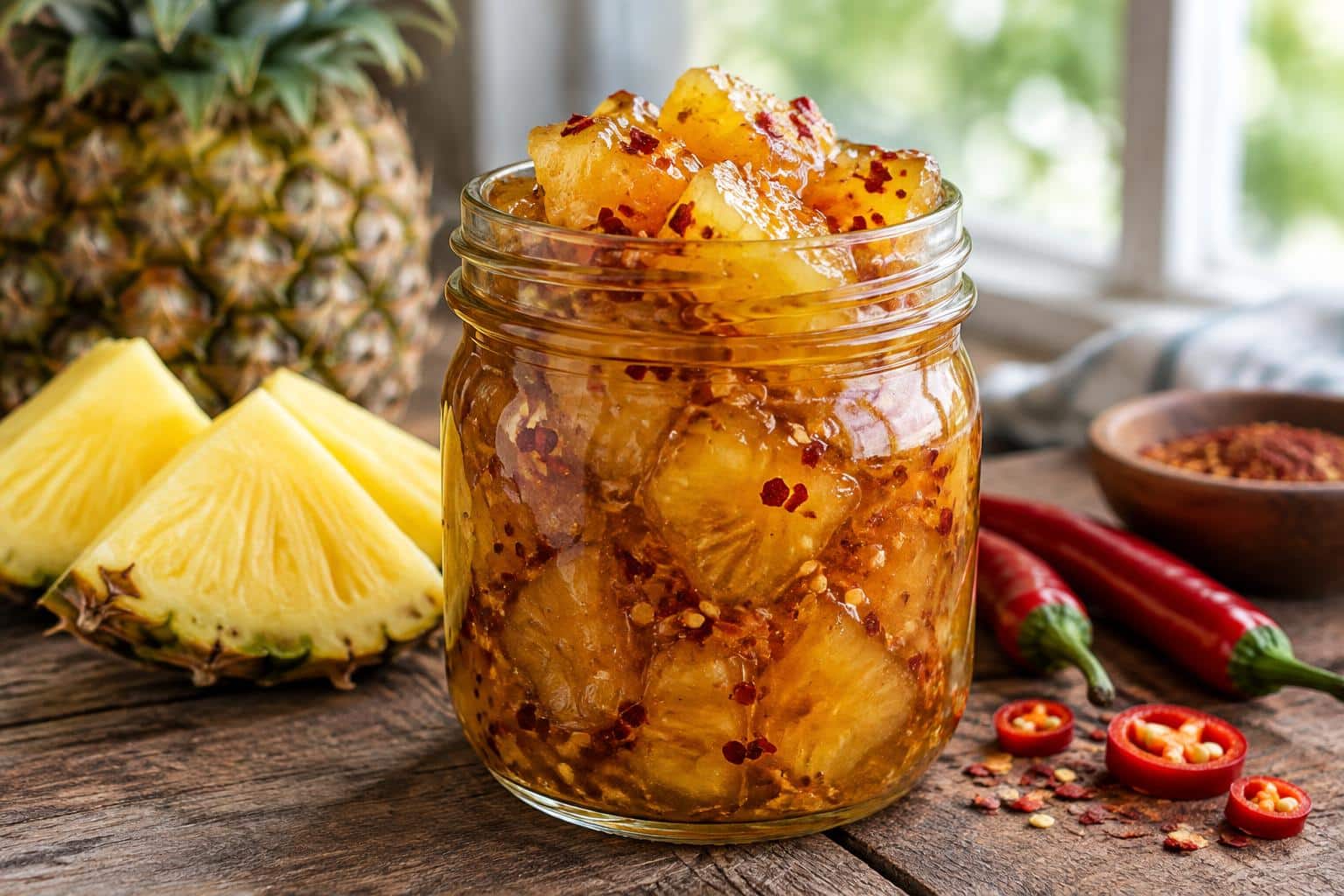 Jar of sweet and spicy pineapple cowboy candy with visible chili flakes and pineapple chunks