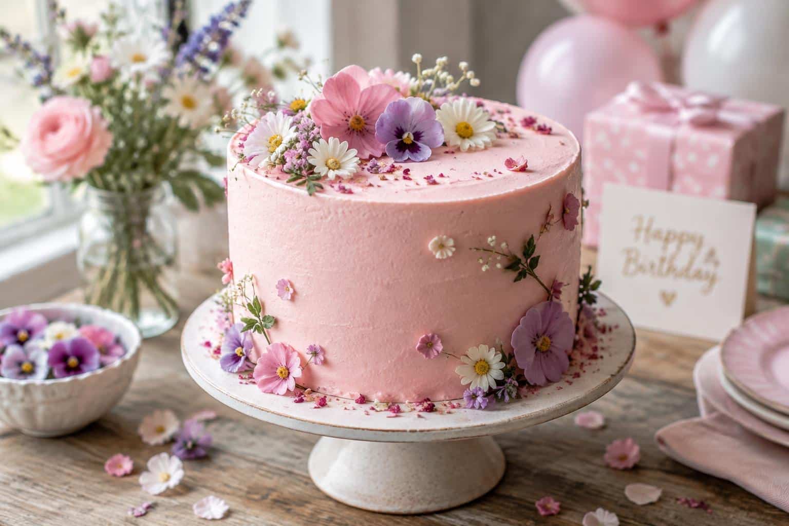 Moist pink birthday cake with smooth frosting and edible flowers, perfect pink birthday cake