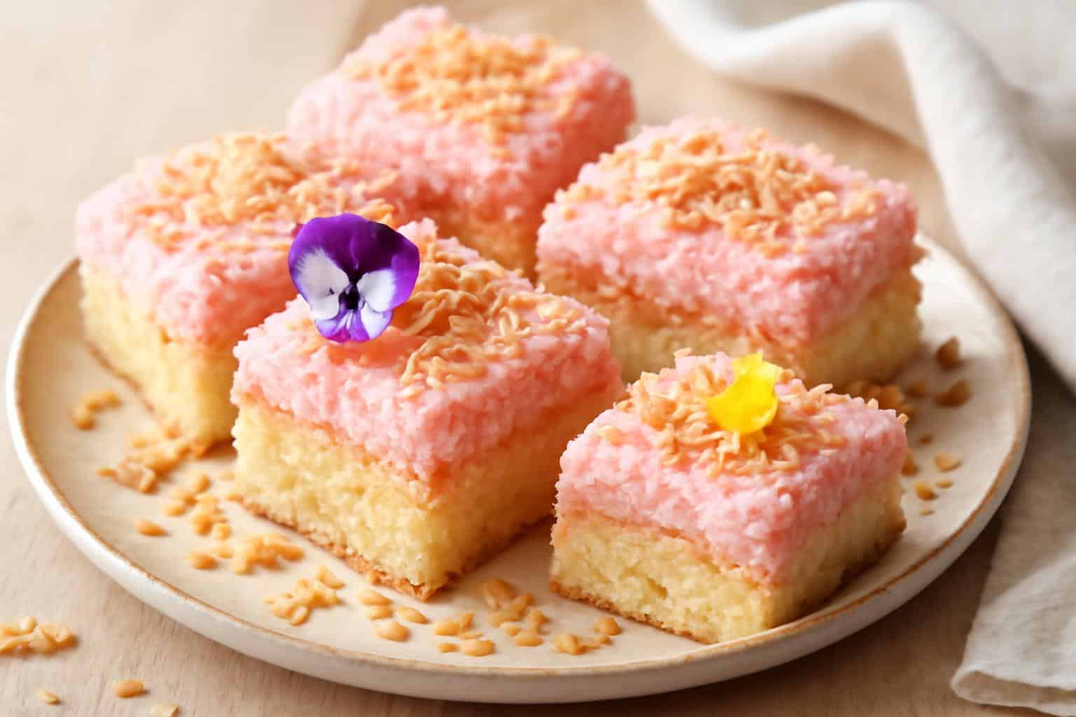 Pink coconut snowball cake bars with coconut flakes and pink frosting