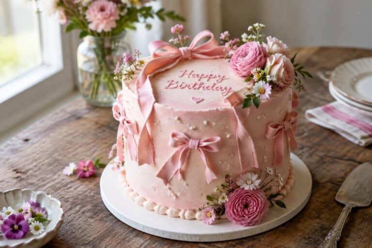 Moist pink ribbon cake beautifully decorated with pink fondant ribbons and fresh edible flowers
