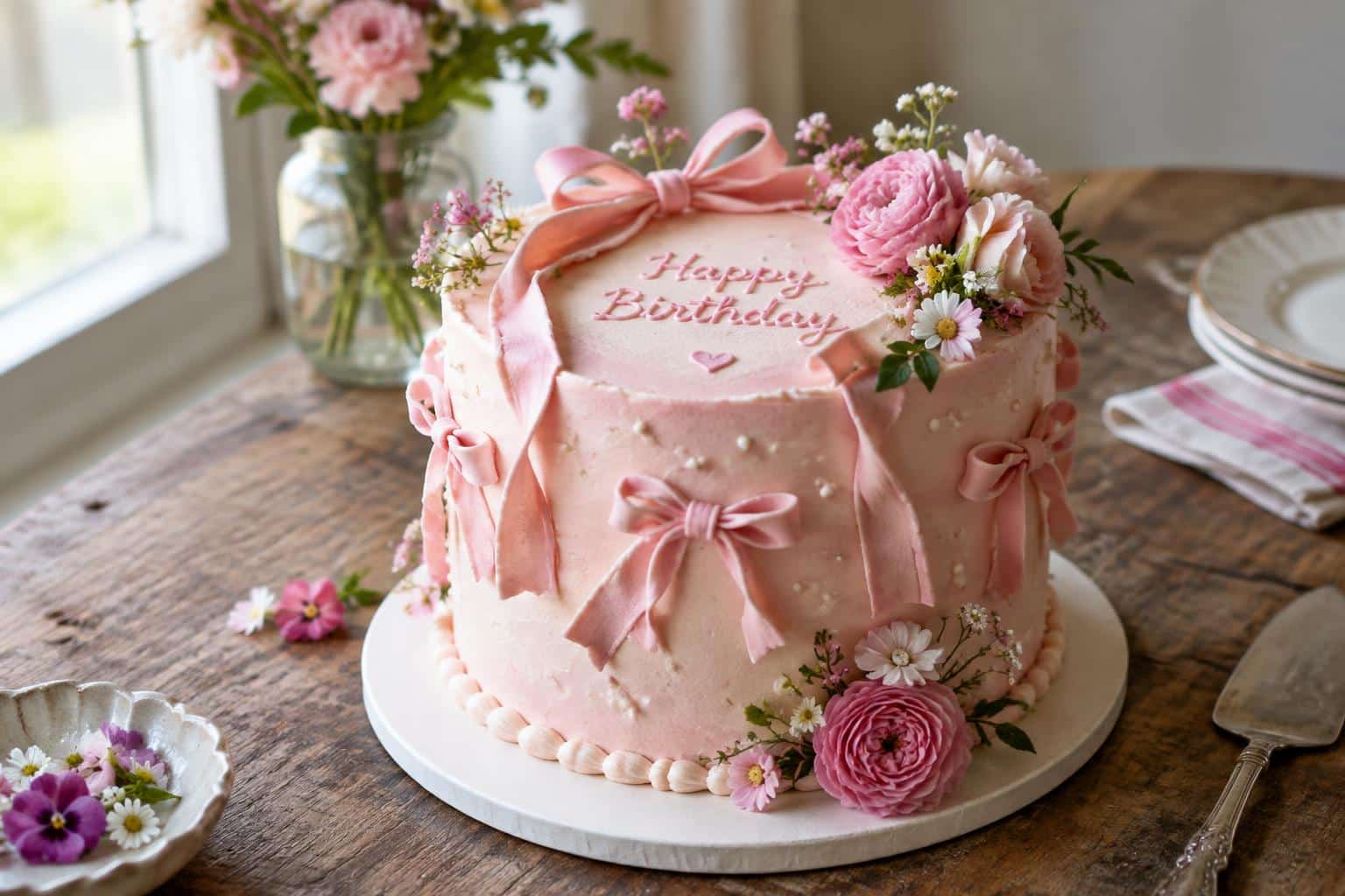 Moist pink ribbon cake beautifully decorated with pink fondant ribbons and fresh edible flowers