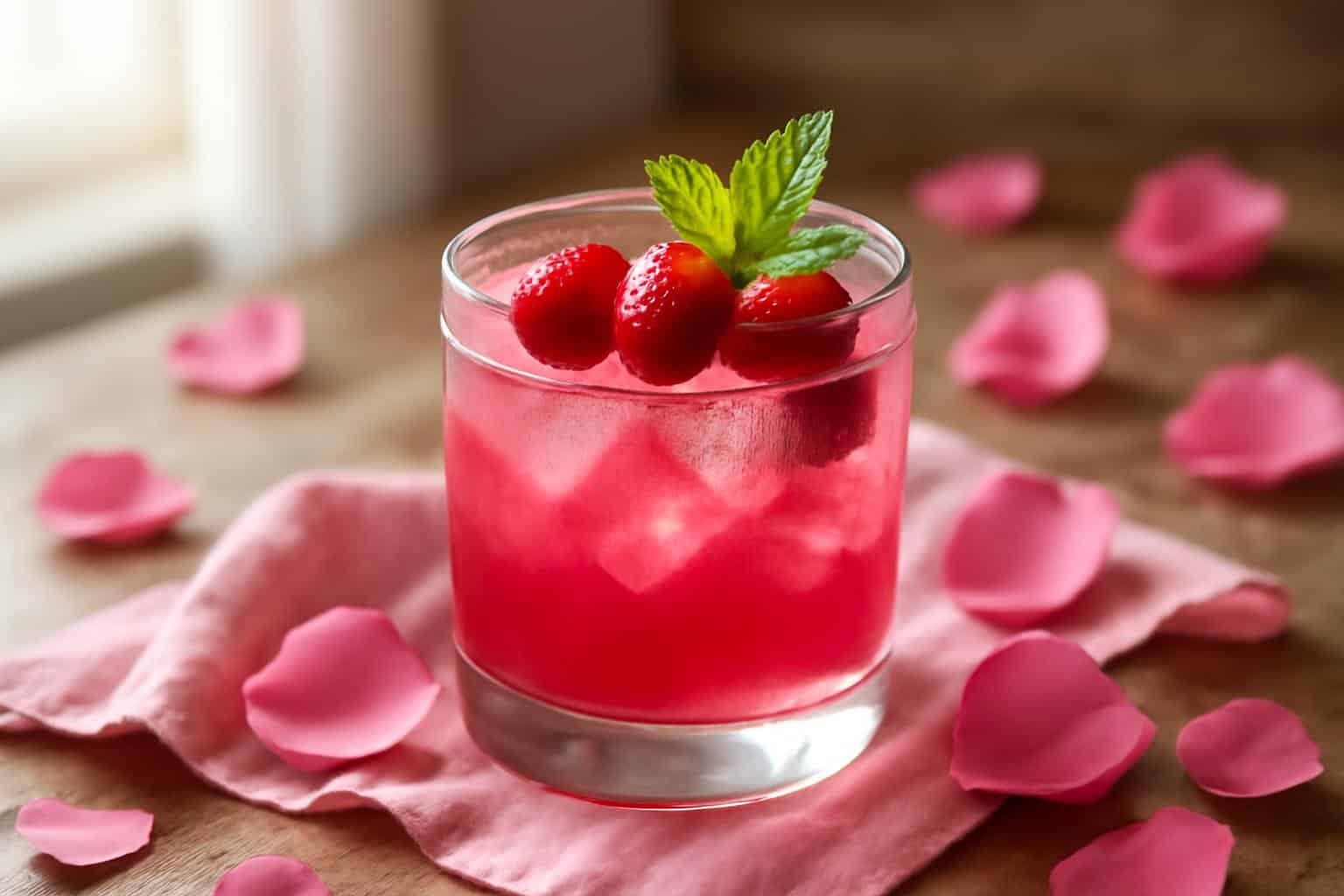 Vibrant pink valentines day mocktail garnished with raspberries and mint leaves