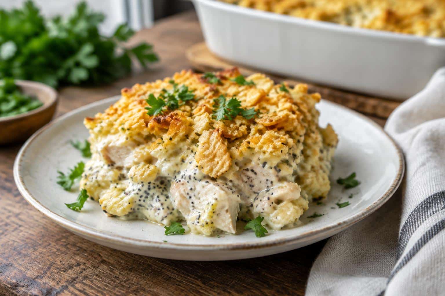 Poppy seed chicken casserole with crispy cracker topping and fresh parsley garnish