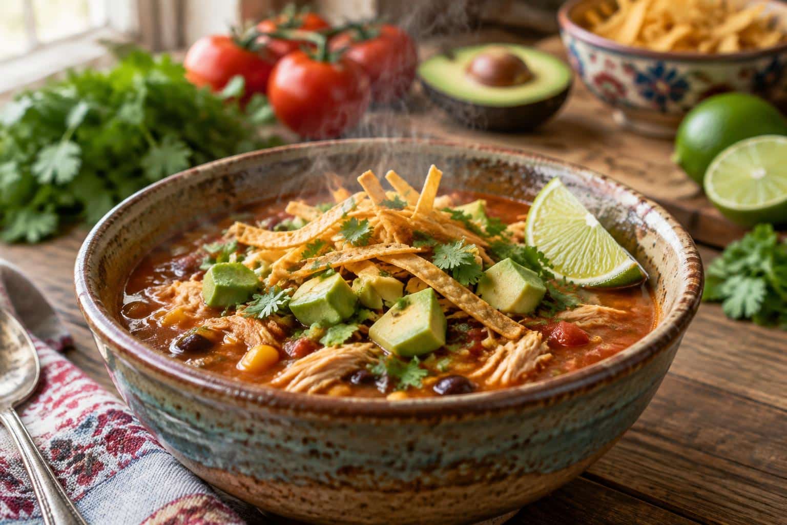 Bowl of Pioneer Woman tortilla soup garnished with tortilla strips and avocado
