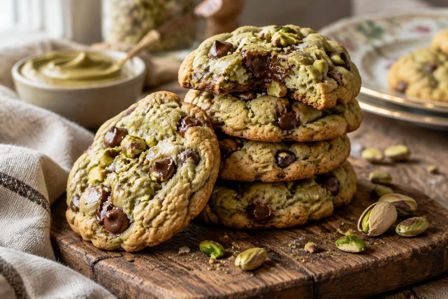 Freshly baked pistachio cream cookies with chocolate chips stacked on rustic board