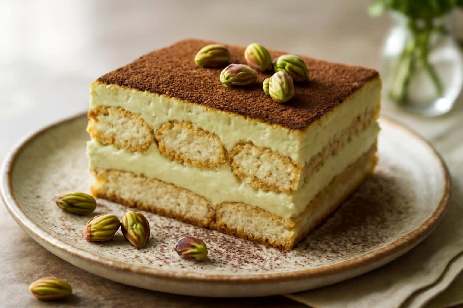 slice of pistachio cream tiramisu with smooth layers and pistachio garnish
