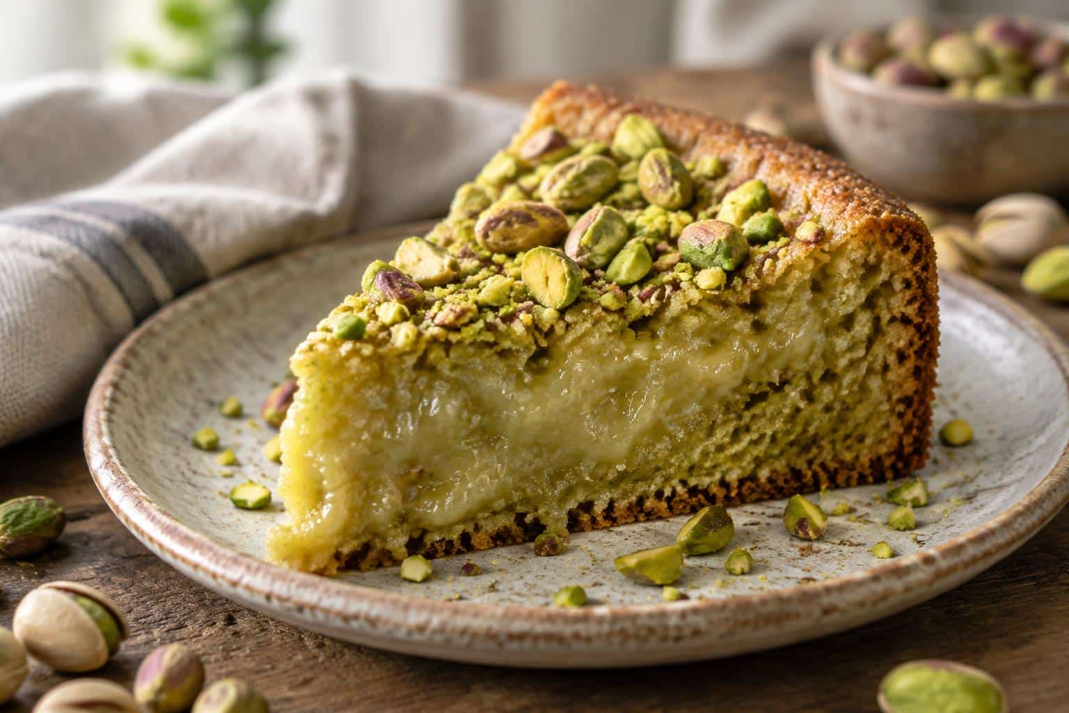 Slice of pistachio gooey butter cake garnished with chopped pistachios
