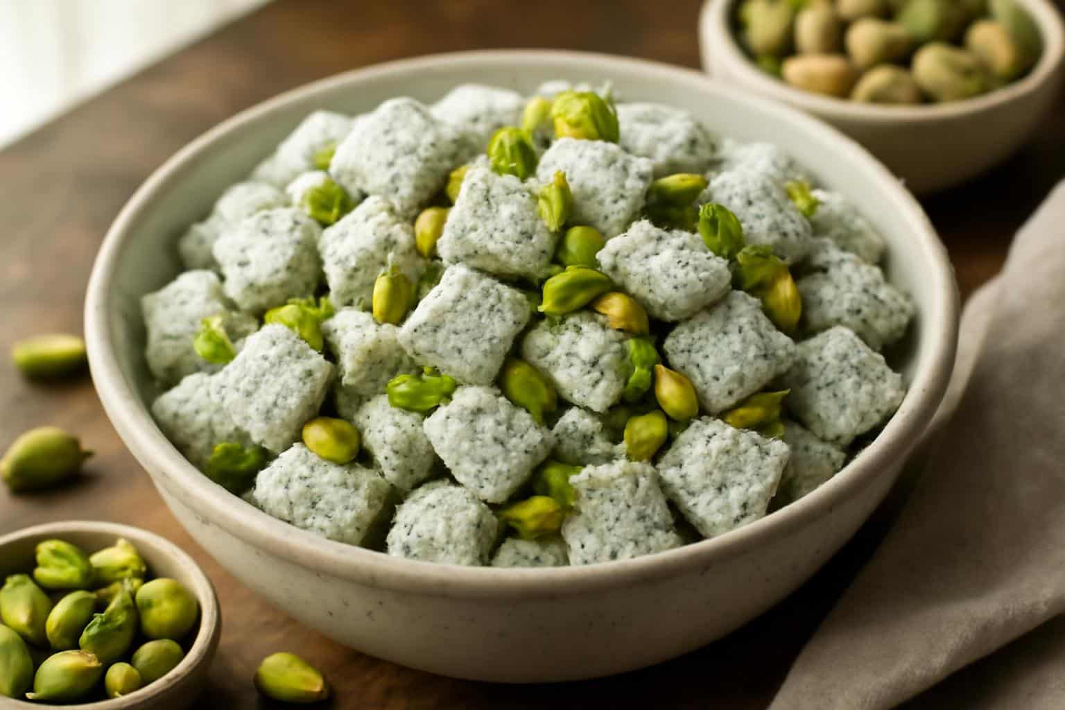 Bowl of irresistibly flavored pistachio puppy chow mix dusted with powdered sugar and pistachios