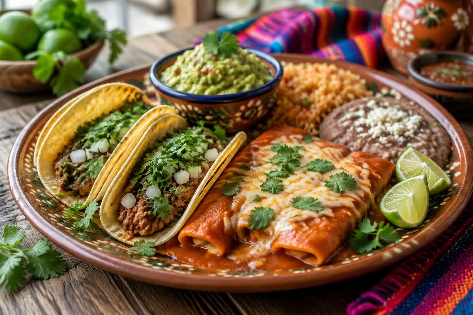 Plate of popular mexican foods including tacos, enchiladas, and guacamole with fresh cilantro garnish