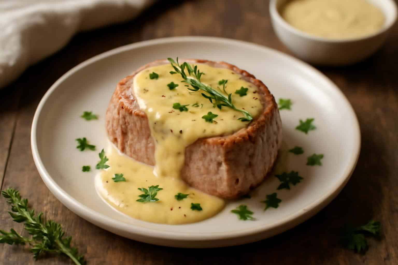 Pork tenderloin medallions with creamy Dijon sauce and fresh herbs on rustic plate, pork tenderloin dish