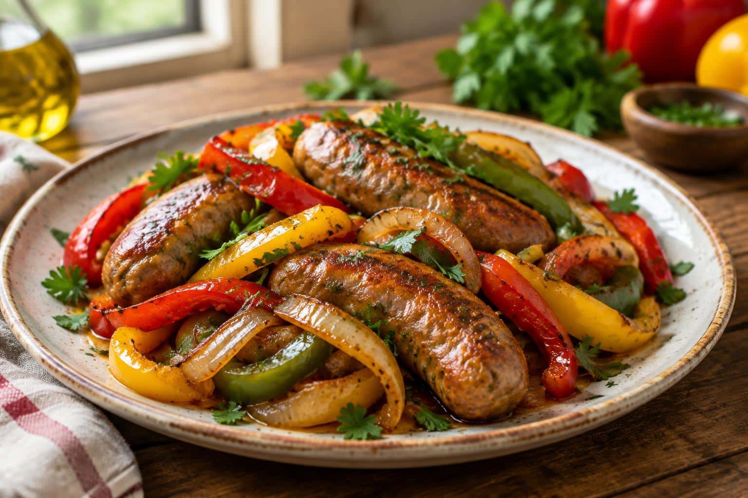 Italian sausage and peppers dish showcasing primo recipes with sautéed colorful bell peppers and onions