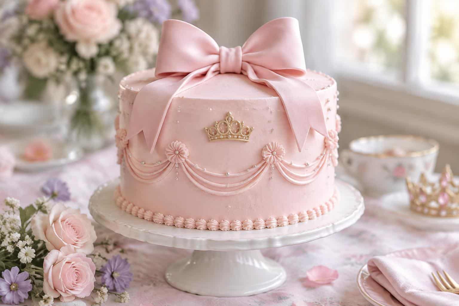 Princess dream cake with elegant bow decoration on pastel background