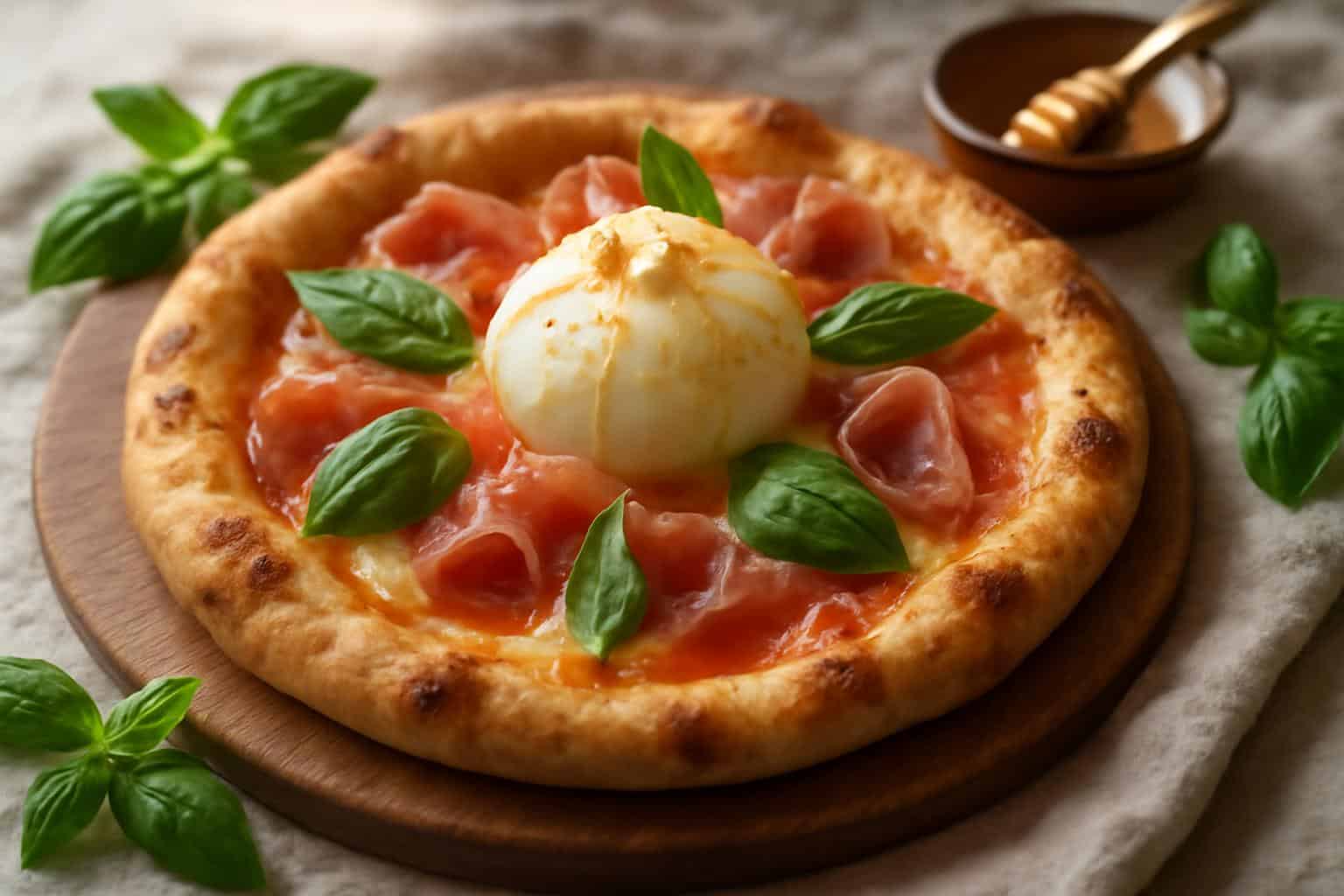 Prosciutto honey burrata pizza with fresh basil and honey drizzle on a golden crust