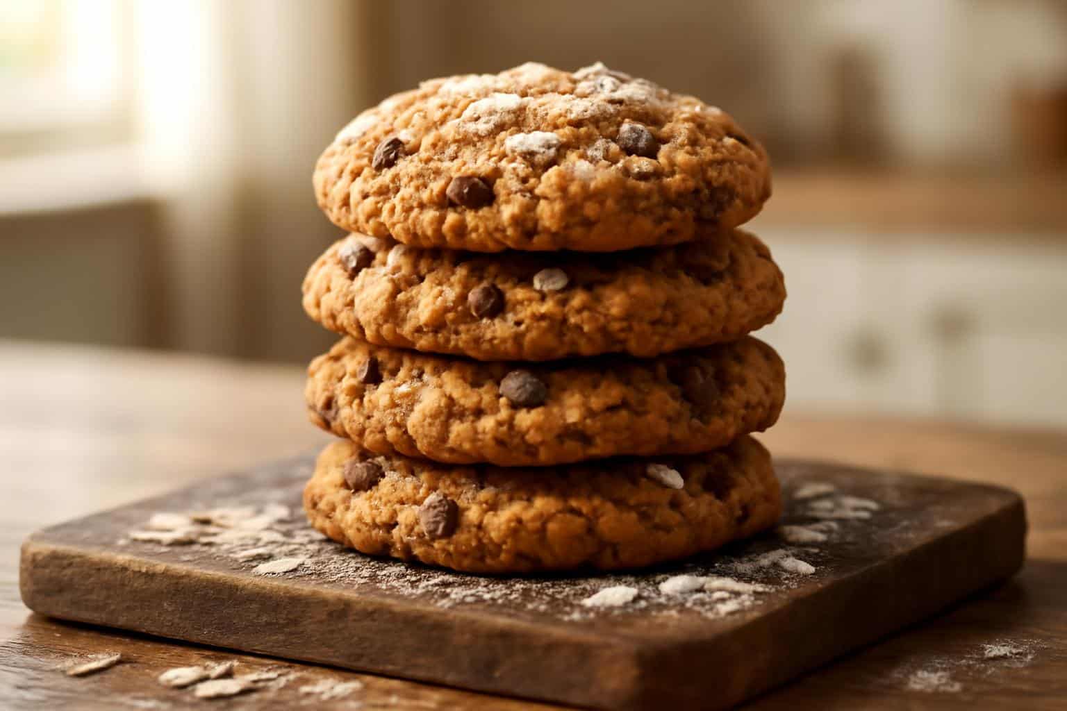 Stack of freshly baked protein cookies on wooden board with oats and chocolate chips