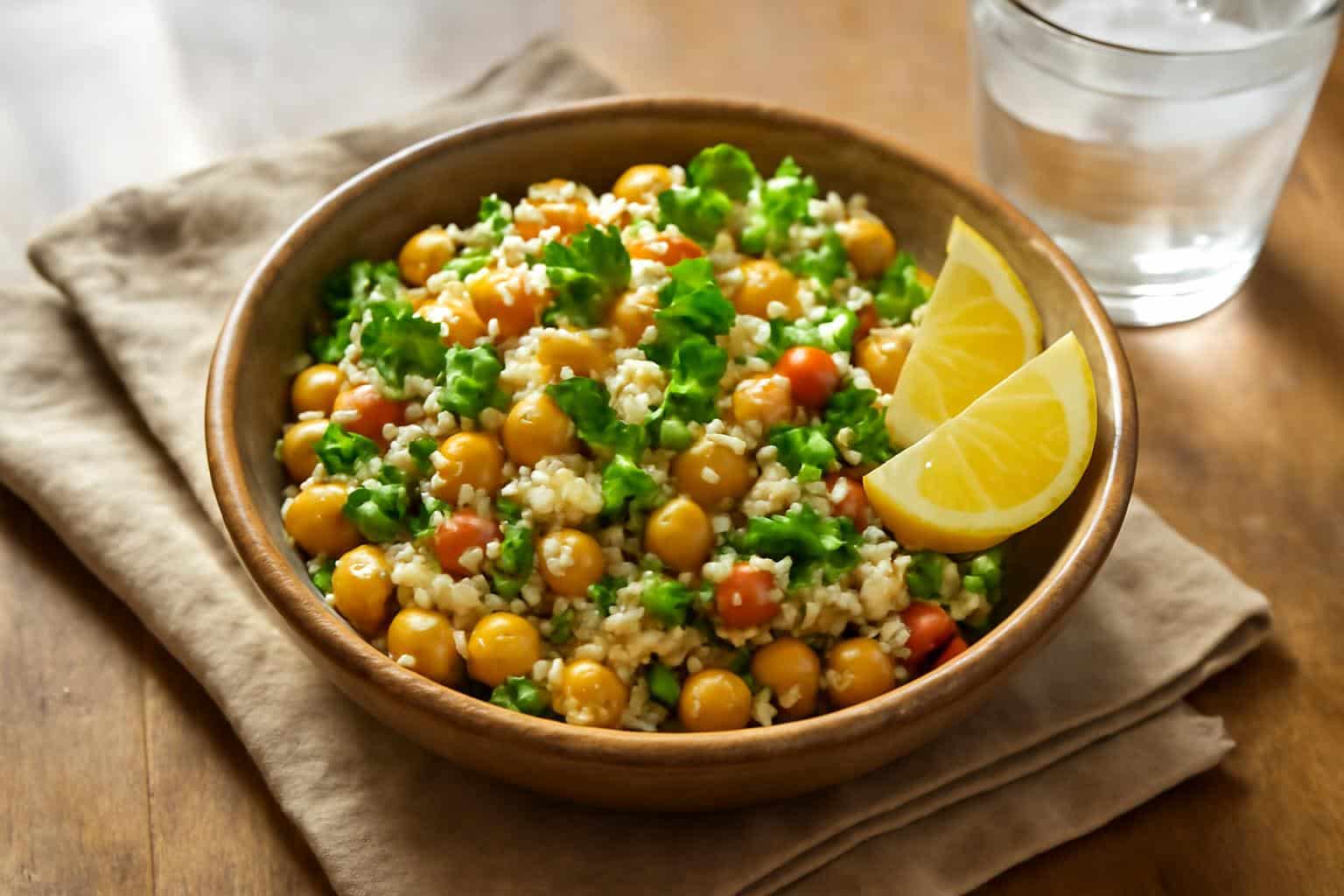 Protein-packed salad with cottage cheese and chickpeas in a rustic bowl garnished with fresh parsley