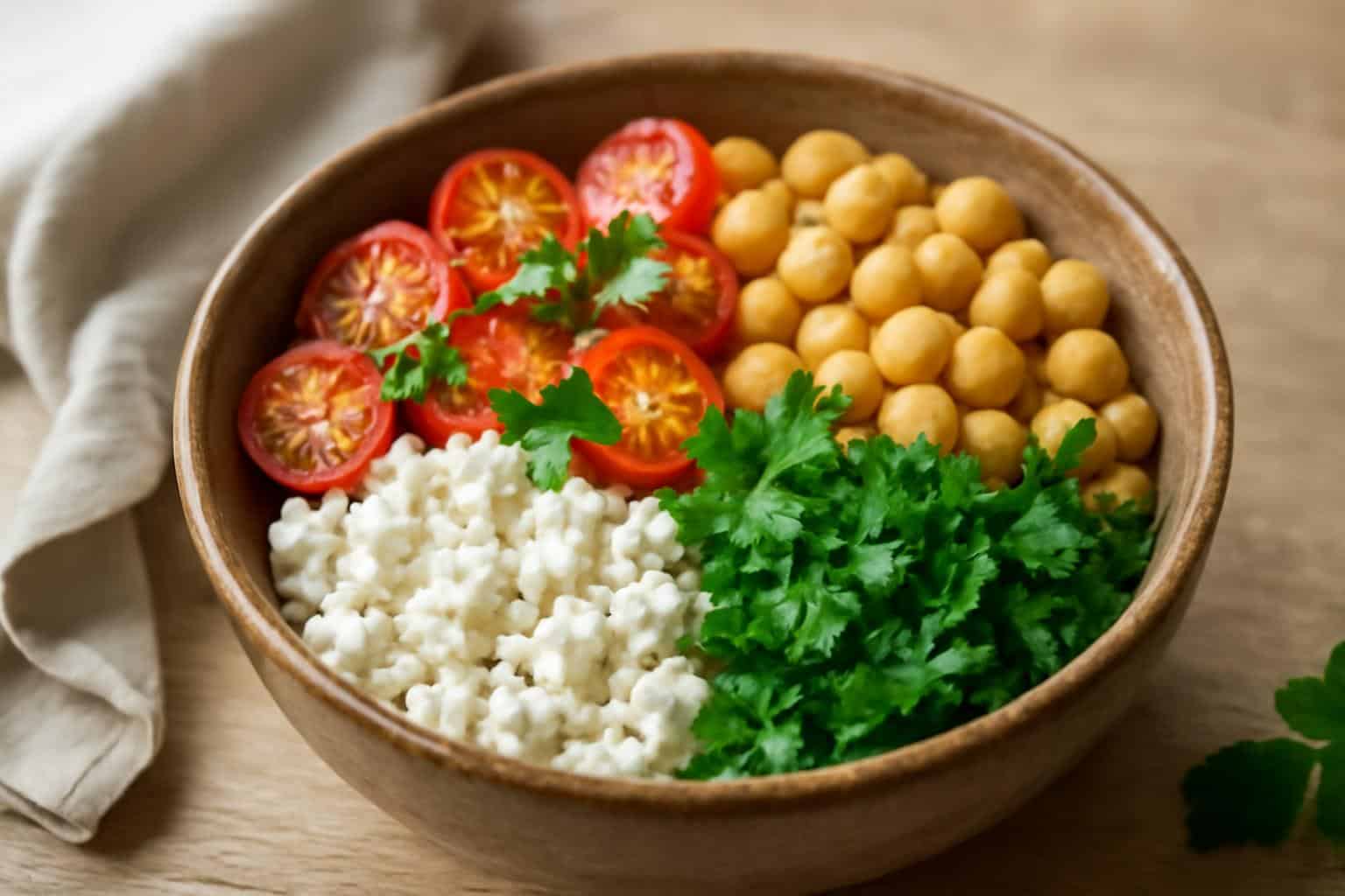 Protein-packed cottage cheese chickpea salad bowl garnished with fresh herbs and cherry tomatoes