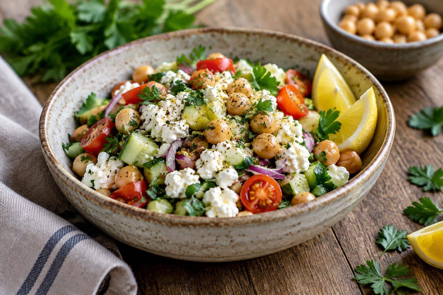Protein-packed salad featuring cottage cheese and chickpeas garnished with parsley