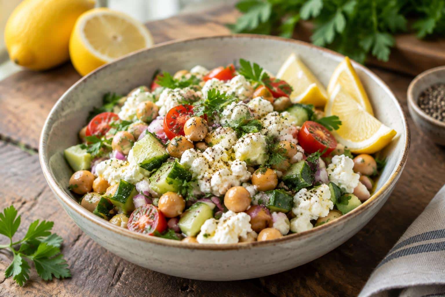 Protein-packed cottage cheese salad with chickpeas served in a bowl garnished with fresh herbs