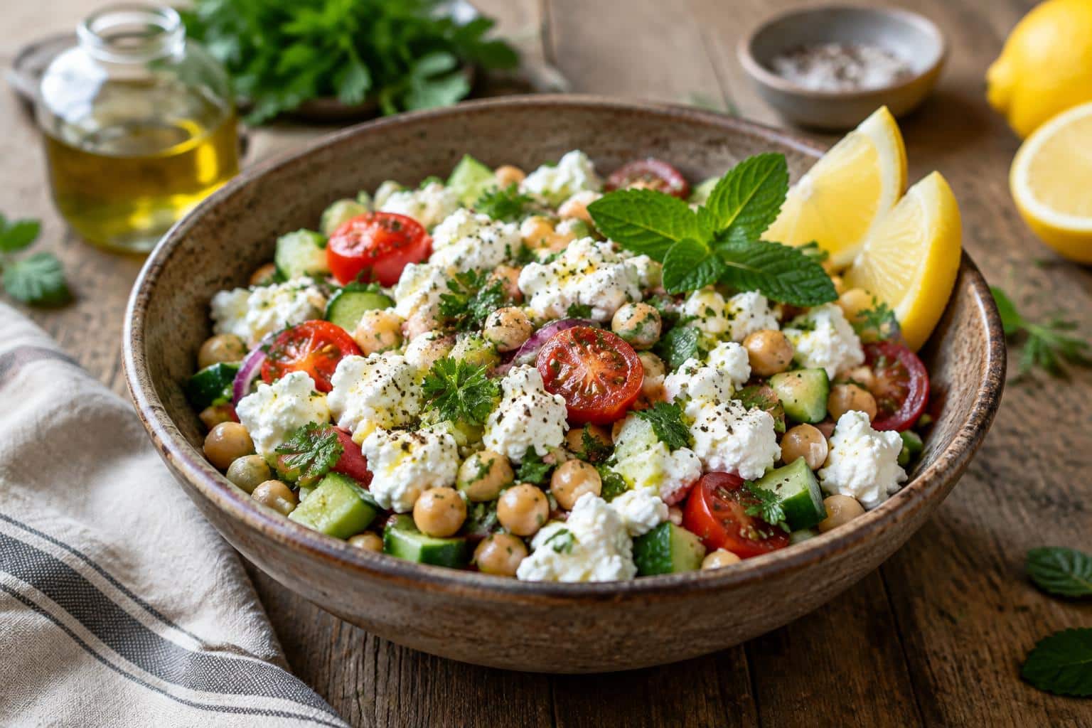 Protein-packed salad with cottage cheese and chickpeas garnished with fresh herbs and lemon wedges