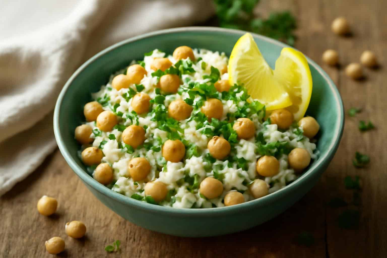 Protein-packed cottage cheese salad with chickpeas and fresh herbs in a rustic bowl