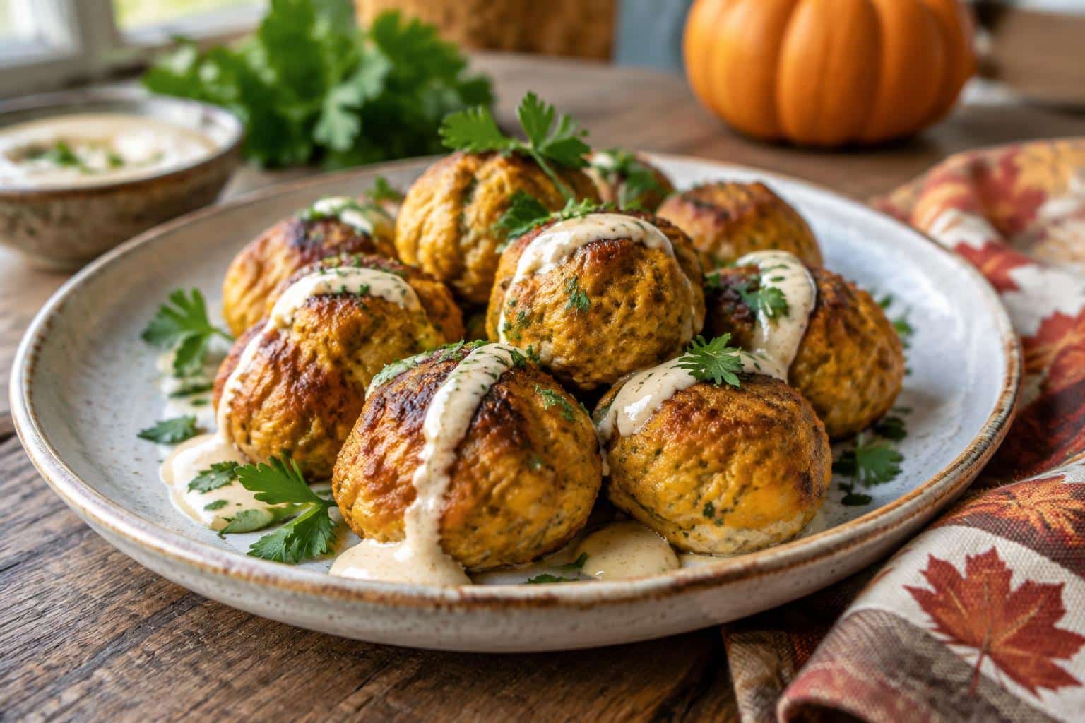 Golden baked pumpkin chicken meatballs garnished with parsley and creamy sauce