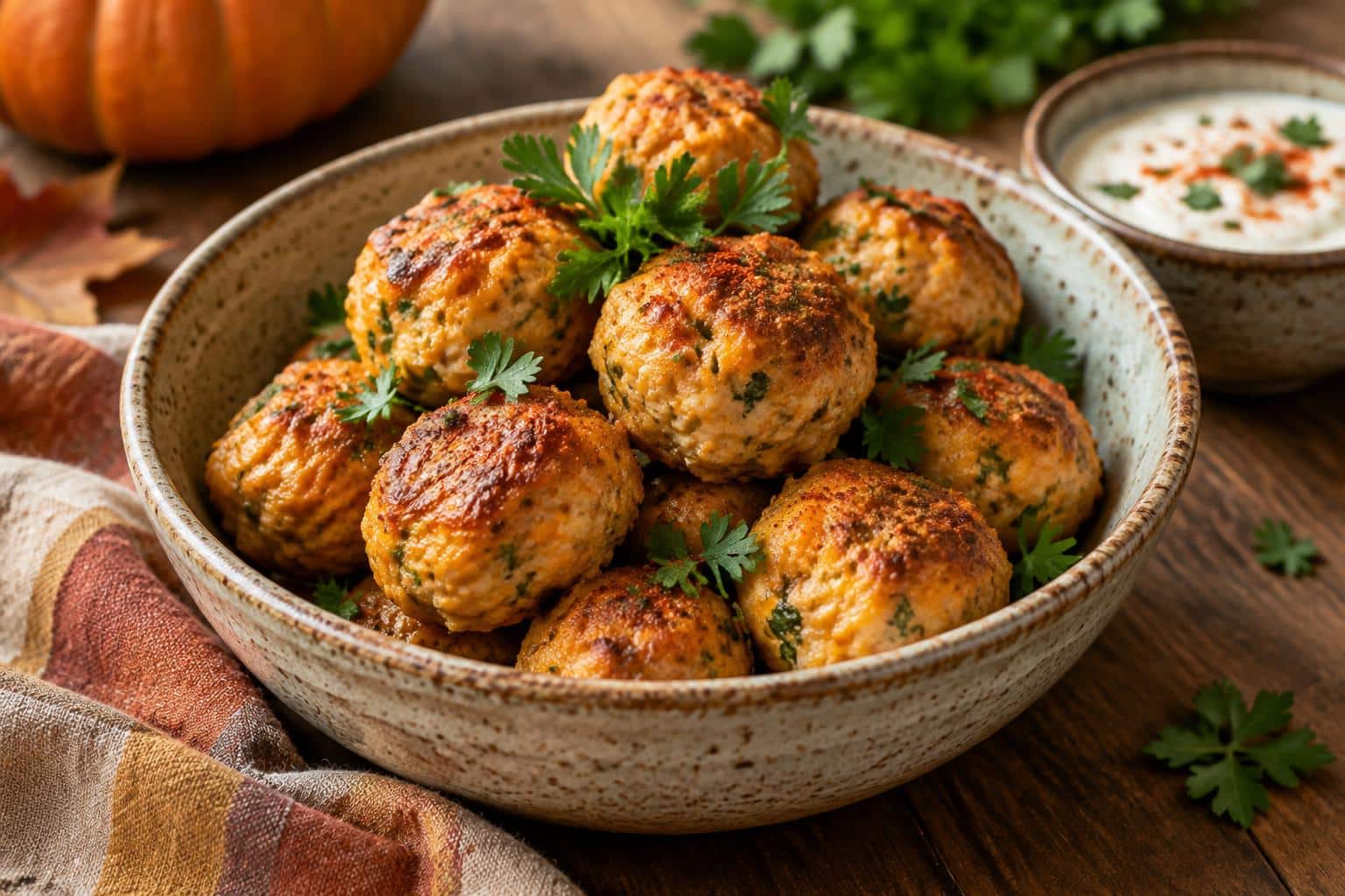 Golden baked pumpkin chicken meatballs garnished with parsley, showcasing pumpkin chicken meatballs
