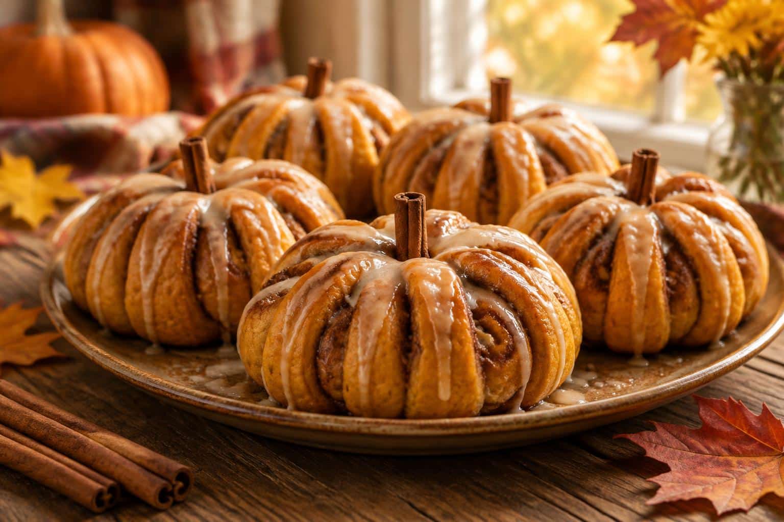 Freshly baked pumpkin shaped cinnamon rolls with cinnamon glaze on a rustic plate