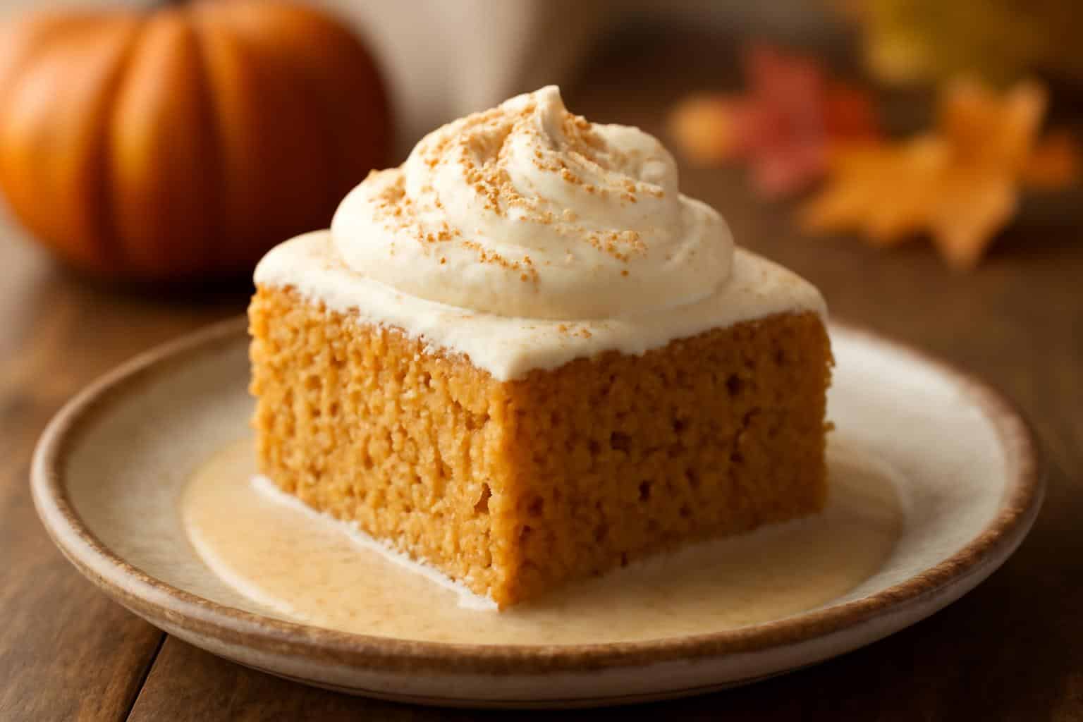 A moist slice of pumpkin tres leches cake topped with whipped cream and cinnamon, showcasing the pumpkin tres leches des