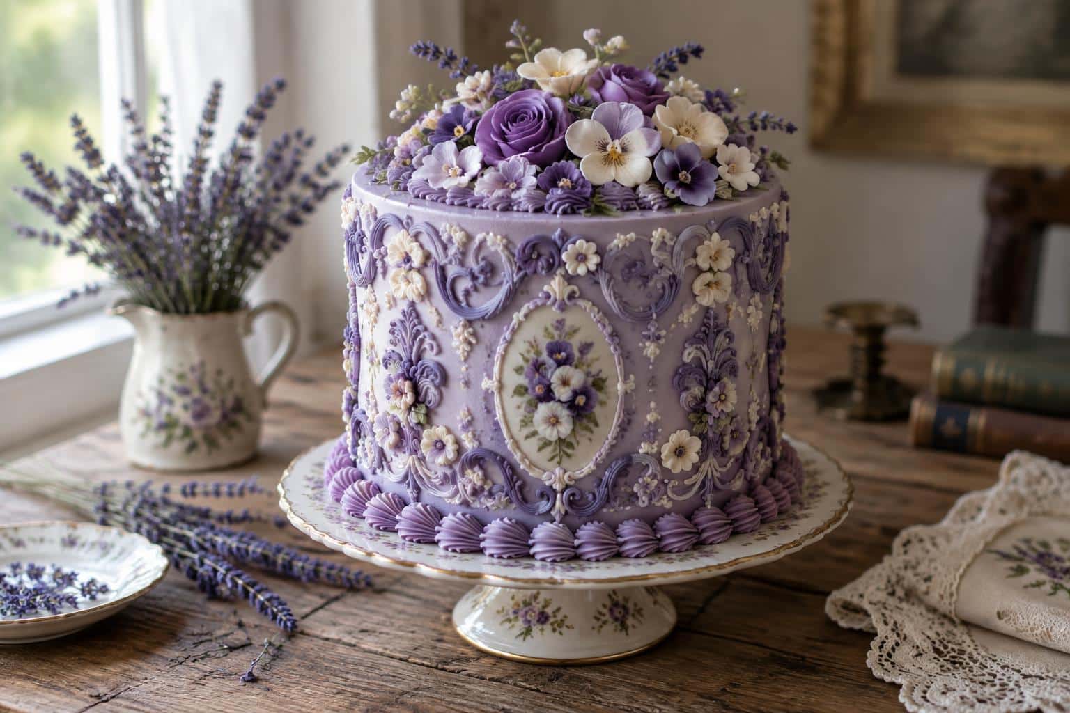 Purple floral cake with ornate scroll piping and vintage decoration on rustic table