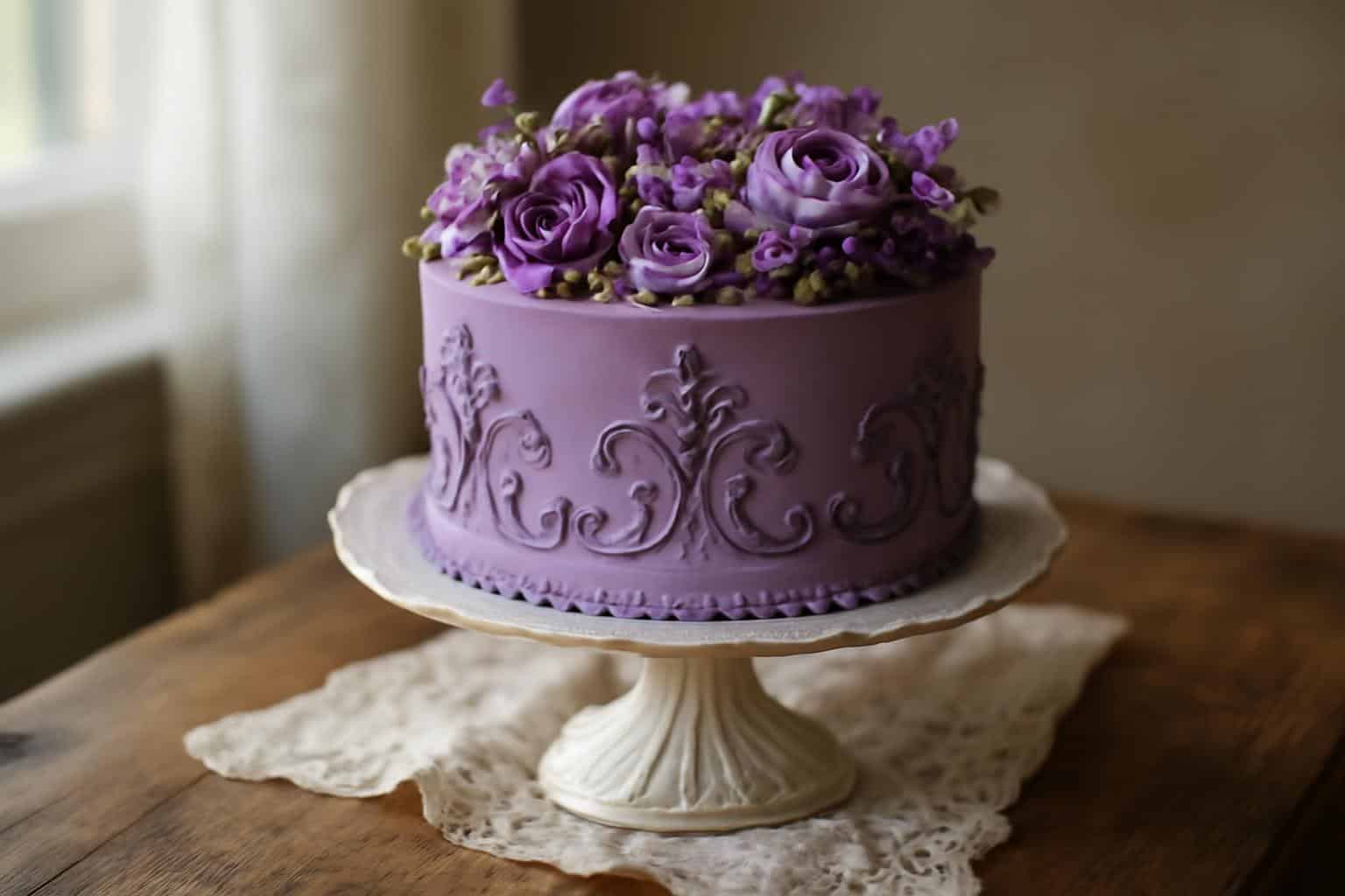 Purple vintage floral cake with ornate scroll piping on a vintage cake stand