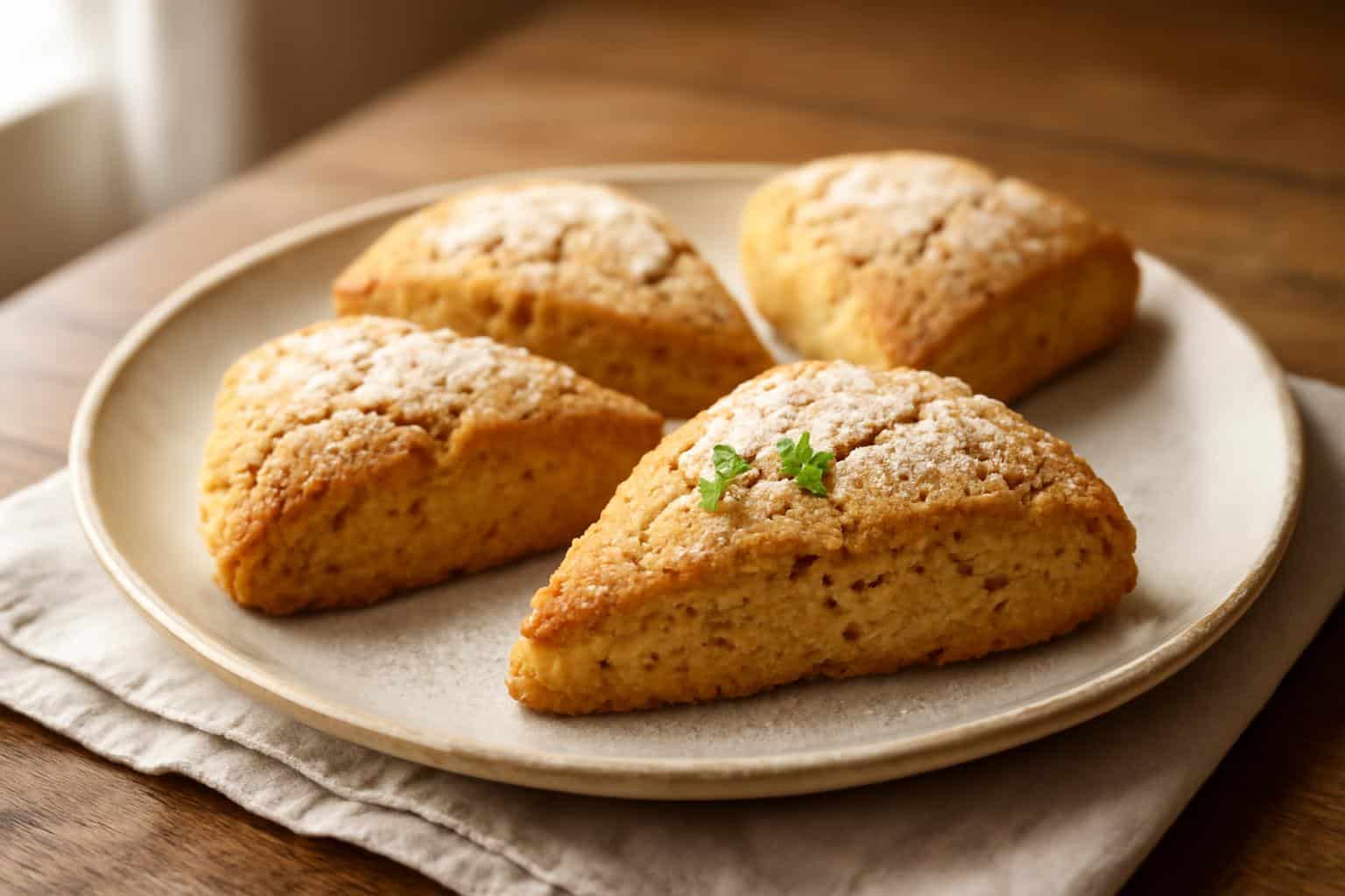 Freshly baked almond flour scones on rustic plate with powdered sugar and thyme garnish